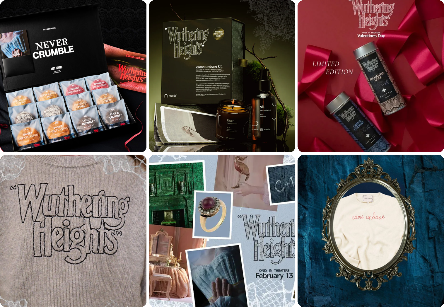 Wuthering Heights brand partnerships — Last Crumb, Maude, Art of Tea, Lingua Franca collage