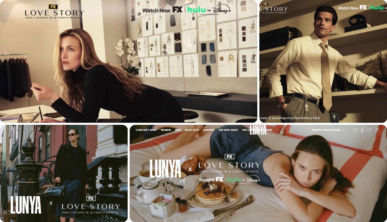 Love Story FX brand partnerships — Lunya and Vestiaire Collective collage