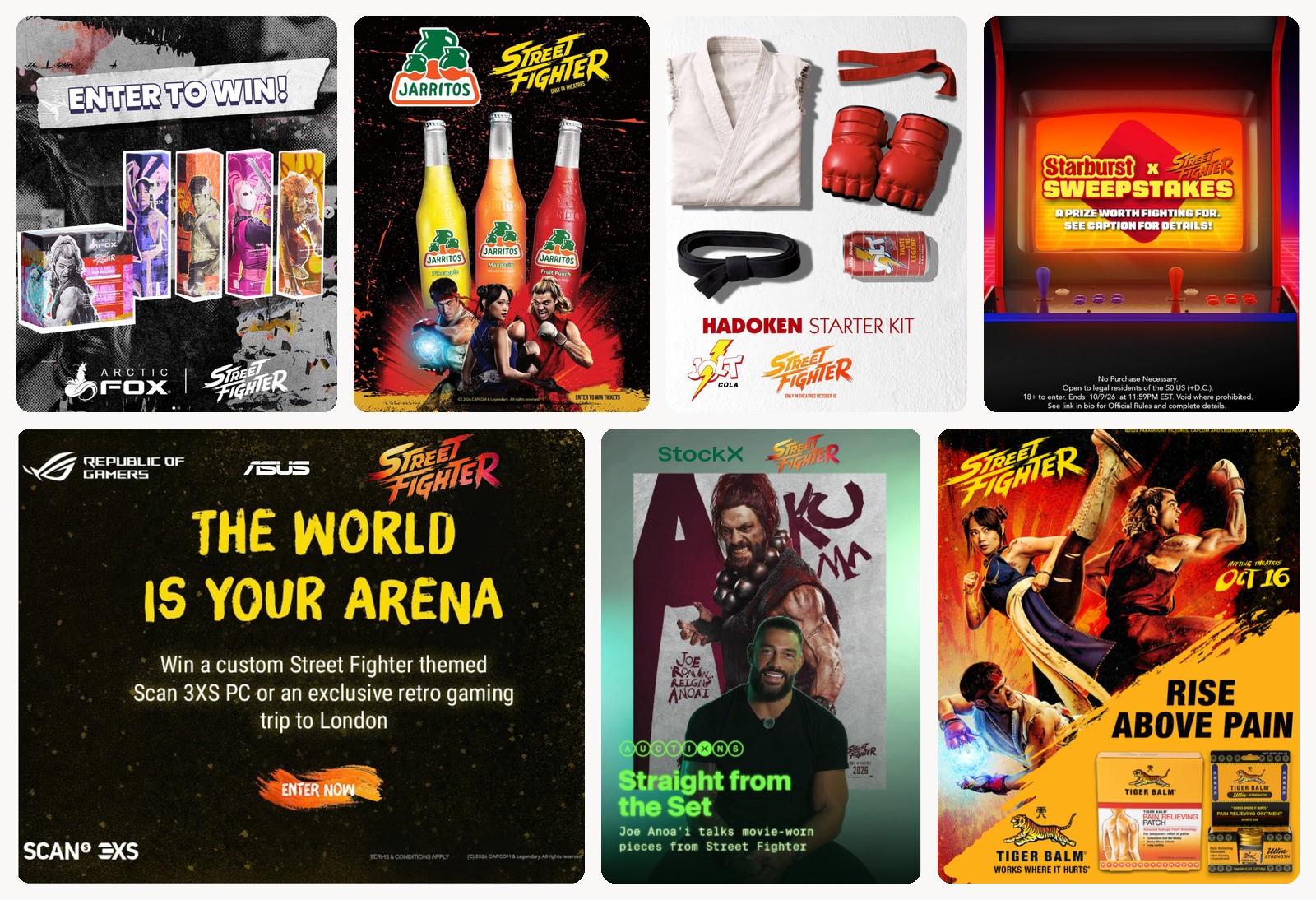 Street Fighter movie partnerships with Arctic Fox, ASUS, Jarritos, Jolt Cola, Starburst, StockX and Tiger Balm